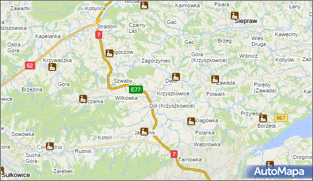 mapa Krzyszkowice gmina Myślenice, Krzyszkowice gmina Myślenice na mapie Targeo