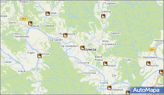 mapa Krzywcza, Krzywcza na mapie Targeo