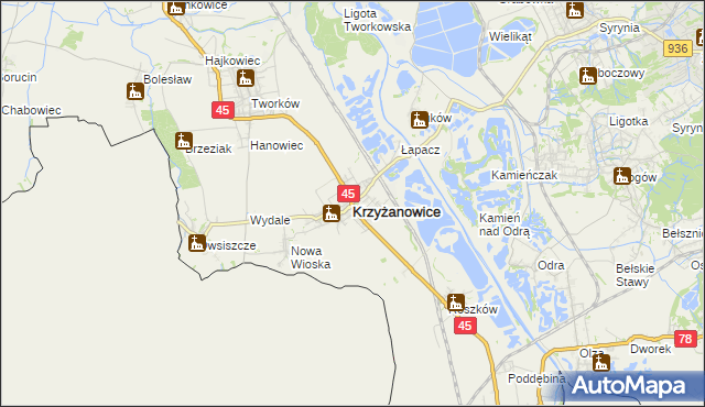 mapa Krzyżanowice powiat raciborski, Krzyżanowice powiat raciborski na mapie Targeo