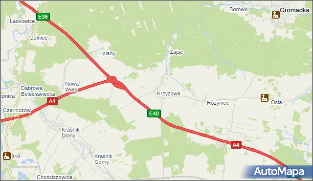 mapa Krzyżowa gmina Gromadka, Krzyżowa gmina Gromadka na mapie Targeo