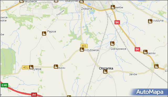 mapa Krzyżowice gmina Olszanka, Krzyżowice gmina Olszanka na mapie Targeo