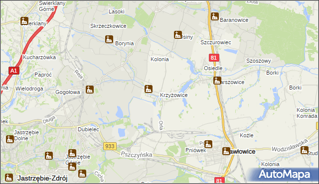 mapa Krzyżowice gmina Pawłowice, Krzyżowice gmina Pawłowice na mapie Targeo