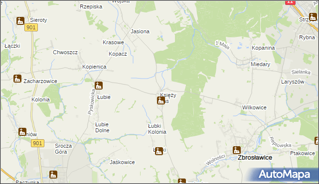 mapa Księży Las gmina Zbrosławice, Księży Las gmina Zbrosławice na mapie Targeo