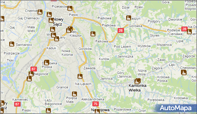 mapa Kunów gmina Chełmiec, Kunów gmina Chełmiec na mapie Targeo