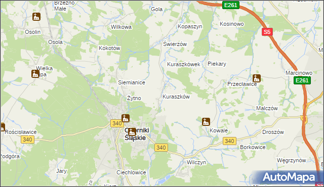 mapa Kuraszków gmina Oborniki Śląskie, Kuraszków gmina Oborniki Śląskie na mapie Targeo