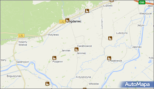 mapa Kwiatkowice gmina Bogdaniec, Kwiatkowice gmina Bogdaniec na mapie Targeo