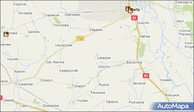 mapa Łabędzie gmina Warta, Łabędzie gmina Warta na mapie Targeo