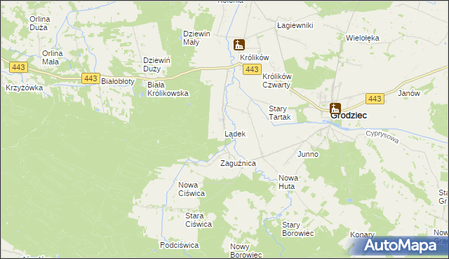 mapa Lądek gmina Grodziec, Lądek gmina Grodziec na mapie Targeo