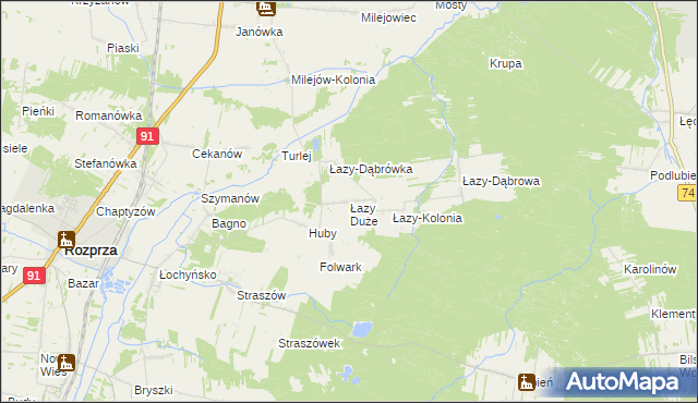 mapa Łazy Duże gmina Rozprza, Łazy Duże gmina Rozprza na mapie Targeo