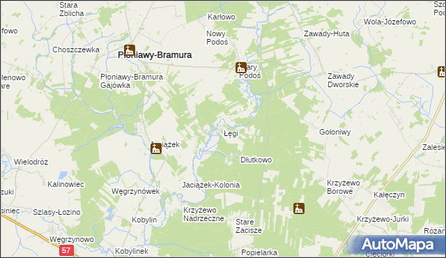 mapa Łęgi gmina Płoniawy-Bramura, Łęgi gmina Płoniawy-Bramura na mapie Targeo