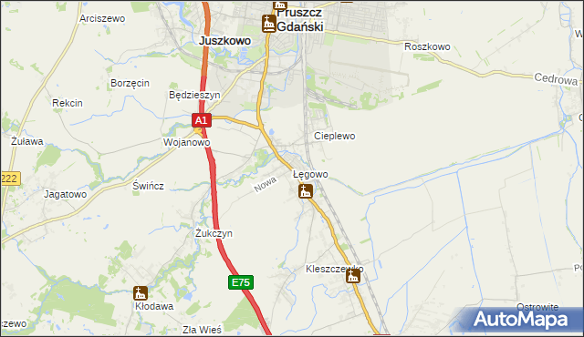 mapa Łęgowo gmina Pruszcz Gdański, Łęgowo gmina Pruszcz Gdański na mapie Targeo