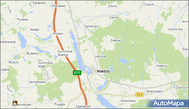 mapa Leśnica gmina Małdyty, Leśnica gmina Małdyty na mapie Targeo