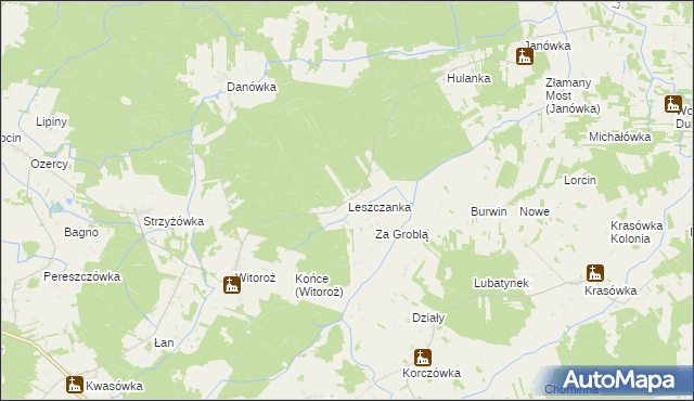 mapa Leszczanka gmina Drelów, Leszczanka gmina Drelów na mapie Targeo