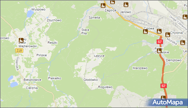 mapa Łężyce gmina Wejherowo, Łężyce gmina Wejherowo na mapie Targeo