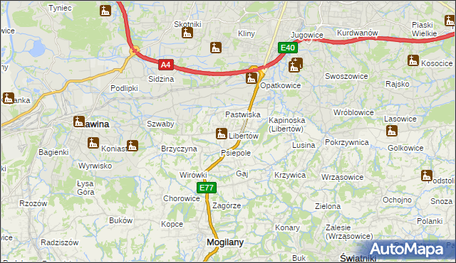 mapa Libertów gmina Mogilany, Libertów gmina Mogilany na mapie Targeo