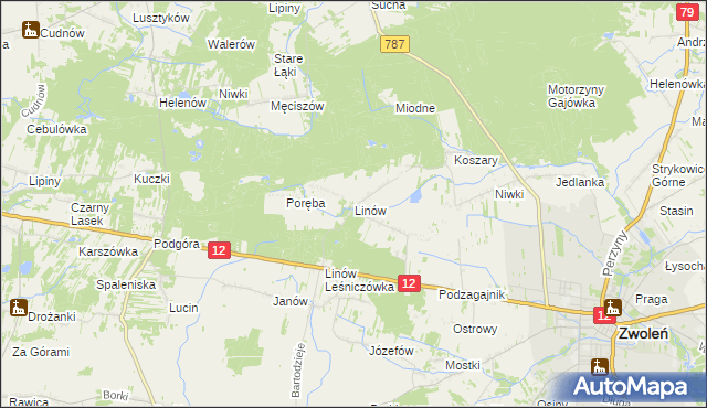 mapa Linów gmina Zwoleń, Linów gmina Zwoleń na mapie Targeo