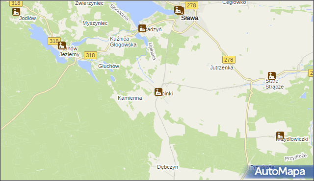 mapa Lipinki gmina Sława, Lipinki gmina Sława na mapie Targeo