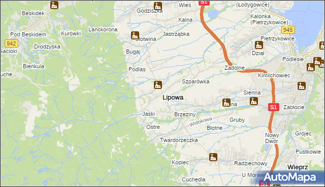 mapa Lipowa powiat żywiecki, Lipowa powiat żywiecki na mapie Targeo