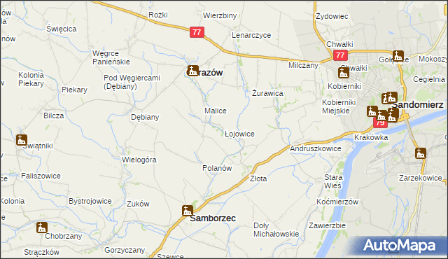 mapa Łojowice gmina Samborzec, Łojowice gmina Samborzec na mapie Targeo