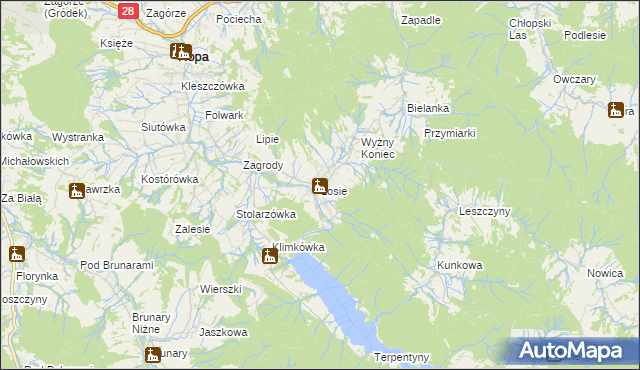 mapa Łosie gmina Ropa, Łosie gmina Ropa na mapie Targeo