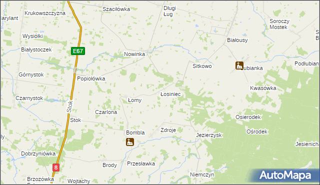 mapa Łosiniec gmina Korycin, Łosiniec gmina Korycin na mapie Targeo