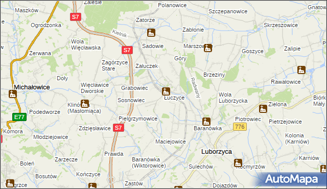 mapa Łuczyce gmina Kocmyrzów-Luborzyca, Łuczyce gmina Kocmyrzów-Luborzyca na mapie Targeo