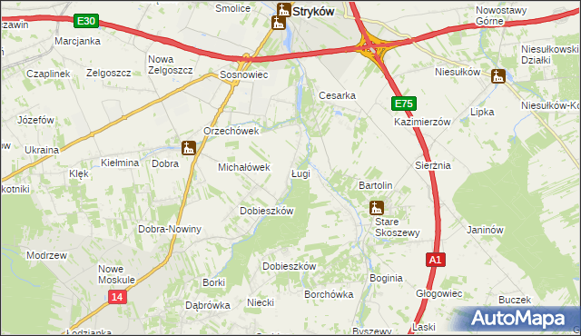 mapa Ługi gmina Stryków, Ługi gmina Stryków na mapie Targeo