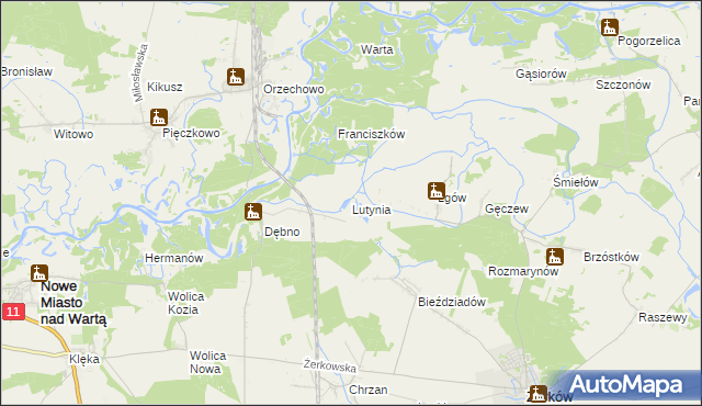 mapa Lutynia gmina Nowe Miasto nad Wartą, Lutynia gmina Nowe Miasto nad Wartą na mapie Targeo