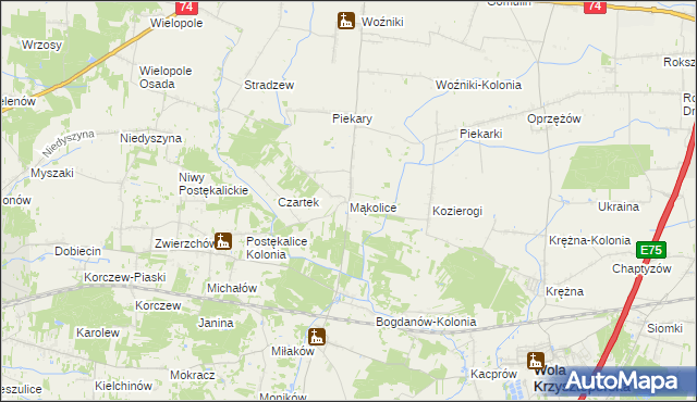 mapa Mąkolice gmina Wola Krzysztoporska, Mąkolice gmina Wola Krzysztoporska na mapie Targeo