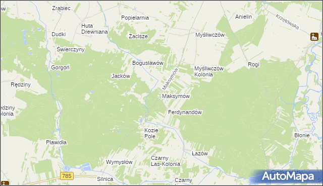 mapa Maksymów gmina Wielgomłyny, Maksymów gmina Wielgomłyny na mapie Targeo