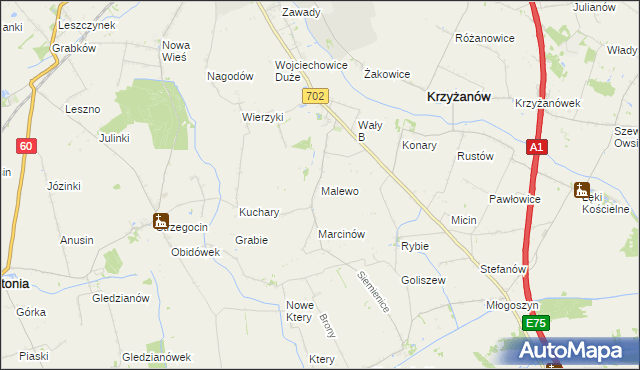 mapa Malewo gmina Krzyżanów, Malewo gmina Krzyżanów na mapie Targeo