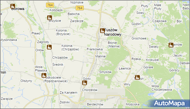 mapa Malinie gmina Tuszów Narodowy, Malinie gmina Tuszów Narodowy na mapie Targeo