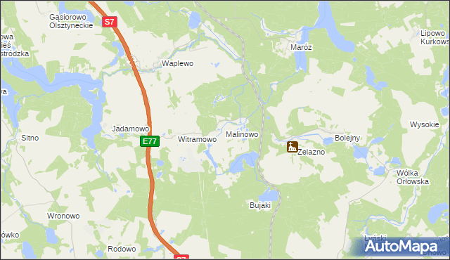 mapa Malinowo gmina Olsztynek, Malinowo gmina Olsztynek na mapie Targeo