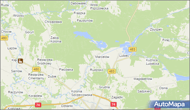 mapa Marcelów gmina Szczerców, Marcelów gmina Szczerców na mapie Targeo