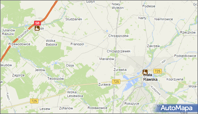 mapa Marianów gmina Biała Rawska, Marianów gmina Biała Rawska na mapie Targeo