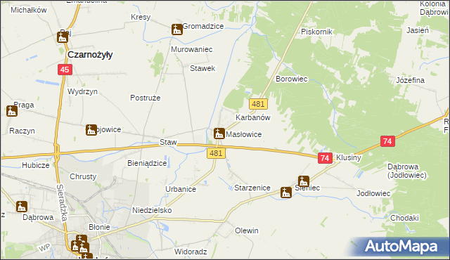 mapa Masłowice gmina Wieluń, Masłowice gmina Wieluń na mapie Targeo