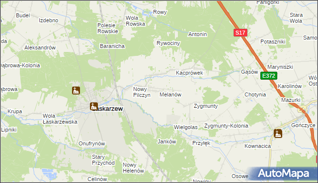 mapa Melanów gmina Łaskarzew, Melanów gmina Łaskarzew na mapie Targeo