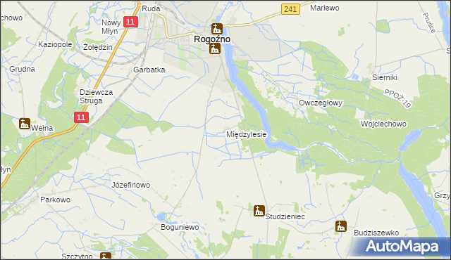 mapa Międzylesie gmina Rogoźno, Międzylesie gmina Rogoźno na mapie Targeo