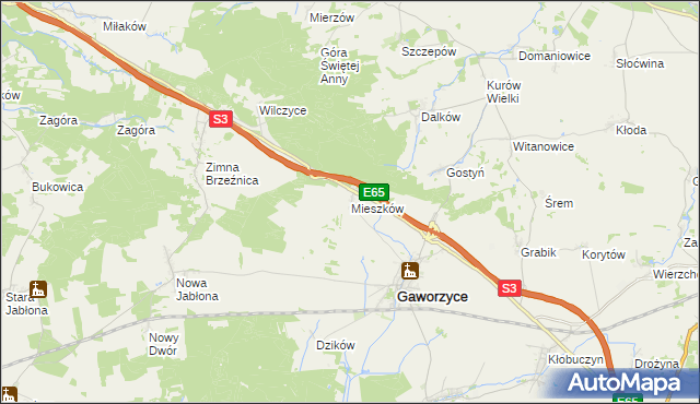 mapa Mieszków gmina Gaworzyce, Mieszków gmina Gaworzyce na mapie Targeo