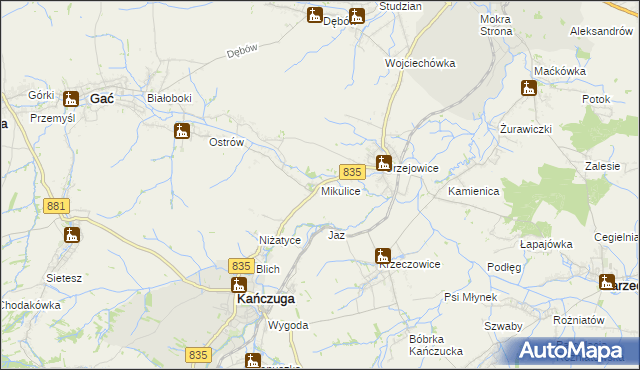 mapa Mikulice gmina Gać, Mikulice gmina Gać na mapie Targeo