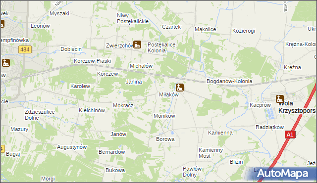 mapa Miłaków gmina Wola Krzysztoporska, Miłaków gmina Wola Krzysztoporska na mapie Targeo