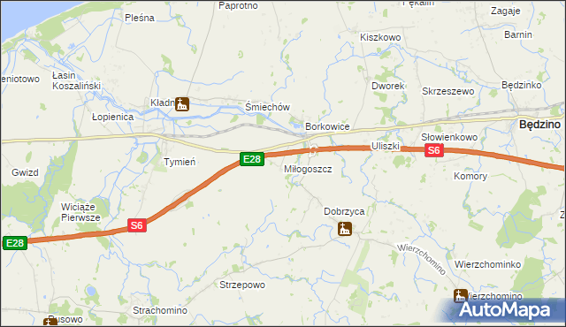 mapa Miłogoszcz gmina Będzino, Miłogoszcz gmina Będzino na mapie Targeo