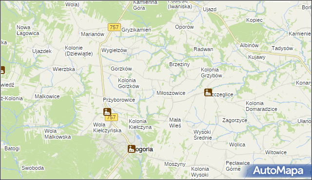 mapa Miłoszowice gmina Bogoria, Miłoszowice gmina Bogoria na mapie Targeo