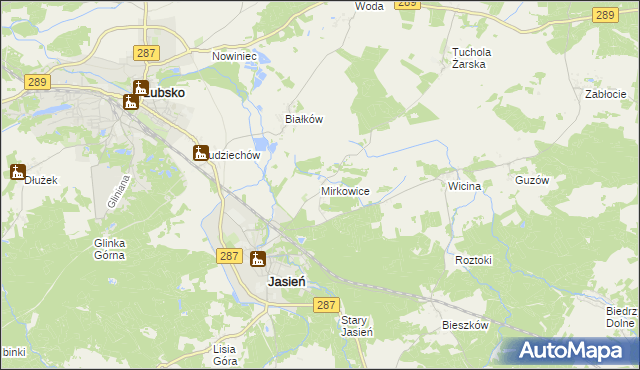 mapa Mirkowice gmina Jasień, Mirkowice gmina Jasień na mapie Targeo