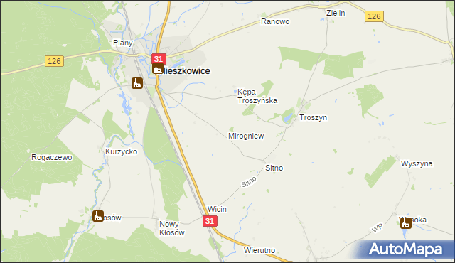 mapa Mirogniew gmina Mieszkowice, Mirogniew gmina Mieszkowice na mapie Targeo
