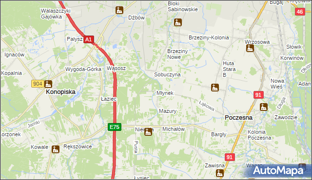 mapa Młynek gmina Poczesna, Młynek gmina Poczesna na mapie Targeo