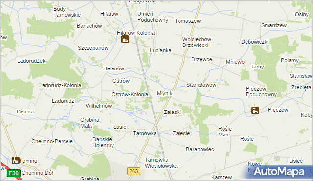 mapa Młynik gmina Olszówka, Młynik gmina Olszówka na mapie Targeo