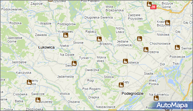 mapa Mokra Wieś gmina Podegrodzie, Mokra Wieś gmina Podegrodzie na mapie Targeo