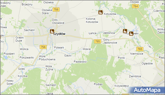 mapa Mokre gmina Szydłów, Mokre gmina Szydłów na mapie Targeo