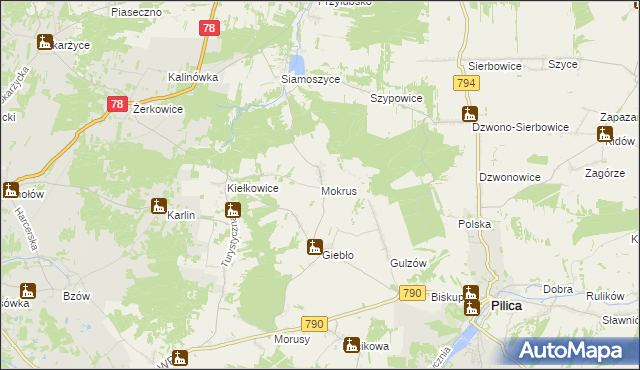 mapa Mokrus gmina Ogrodzieniec, Mokrus gmina Ogrodzieniec na mapie Targeo